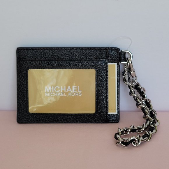MICHAEL KORS Jet Set Small ID Pebbled Leather Chain Card Holder Case- Black - Picture 1 of 16